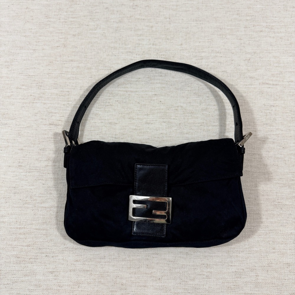 FENDI Mamma Baguette Vintage Bag Women Black Logo Shoulder Bag Authentic